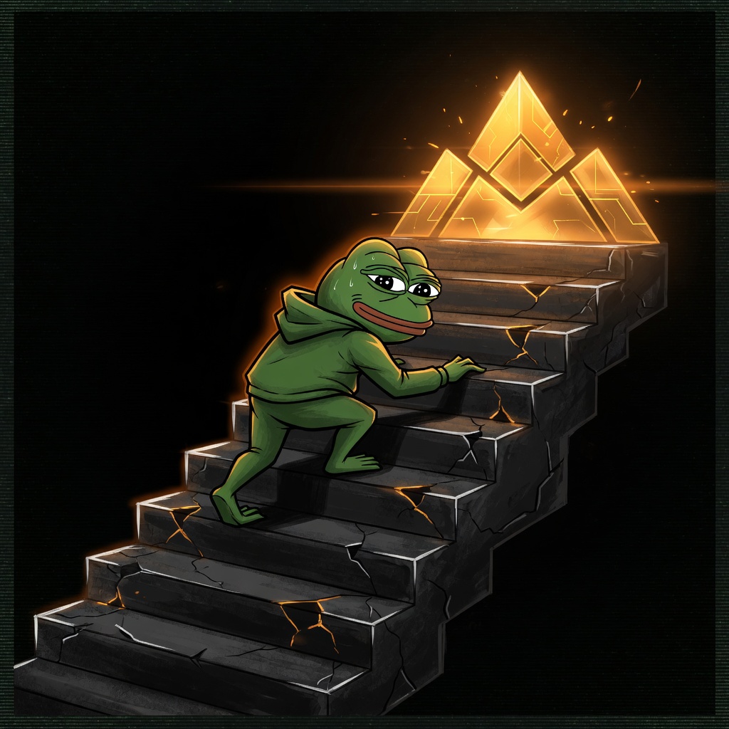 Pepe climbing dark stairs toward an amber peak — stop coping, start becoming